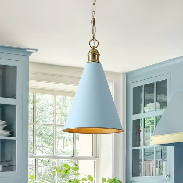 Chandelierias - 1 - Light Lake Blue Long Flared Shade Hanging Pendant - Pendants - Brass & Blue - 1 - Pack
