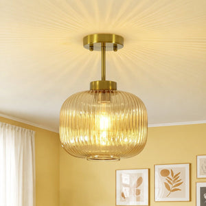 Chandelierias-1-Light Lantern Reeded Glass Drum Semi-flush Mount-Semi Flush-Brass-