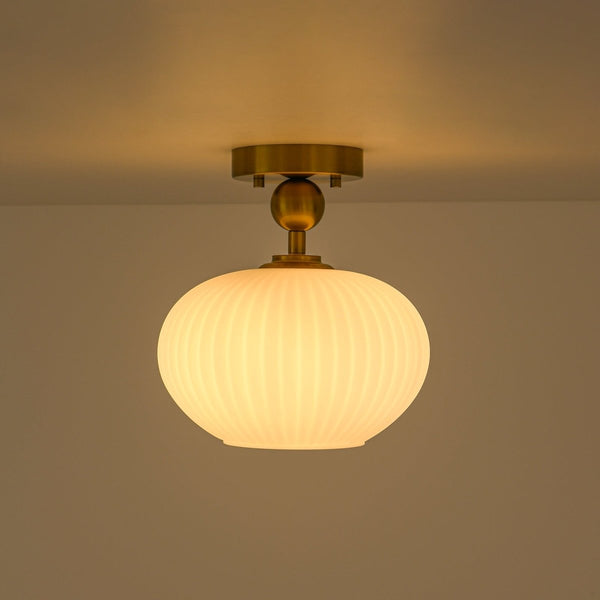 Chandelierias-1-Light Oval Opal Ribbed Glass Semi-flush Mount-Semi Flush-Brushed Brass-
