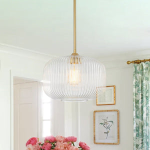 Chandelierias-1-Light Ribbed Glass Clear Lantern Kitchen Pendant-Pendants-Brass-