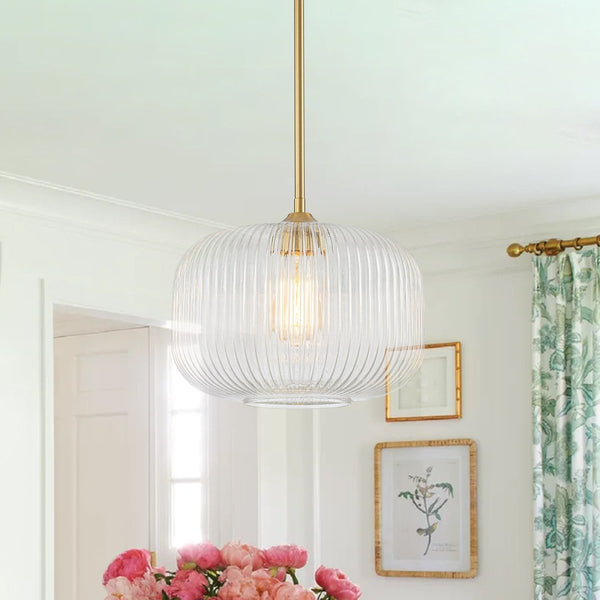 Chandelierias-1-Light Ribbed Glass Clear Lantern Kitchen Pendant-Pendants-Brass-