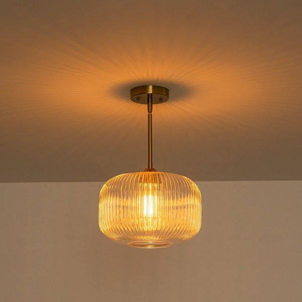 Chandelierias-1-Light Ribbed Glass Clear Lantern Kitchen Pendant-Pendants-Brass-