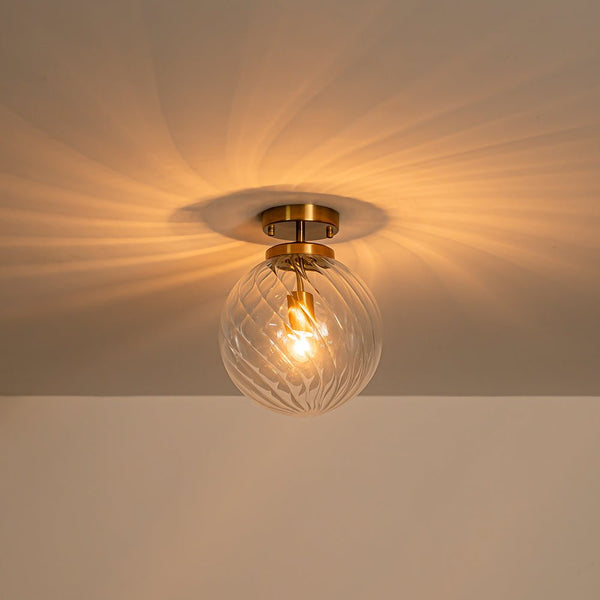 Chandelierias - 1 - Light Swirled Glass Globe Semi - flush Mount - Semi Flush - Brass - 