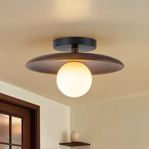 Chandelierias-1-Light Walnut Wood Frosted Glass Mixed Semi-flush Mount-Semi Flush-1-Pack-
