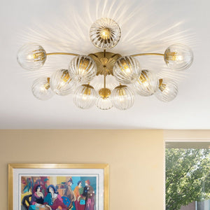 Chandelierias-12-Light Clear Ribbed Bubble Glass Sputnik Semi-flush Mount-Semi Flush-Brass-