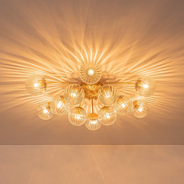 Chandelierias-12-Light Clear Ribbed Bubble Glass Sputnik Semi-flush Mount-Semi Flush-Brass-