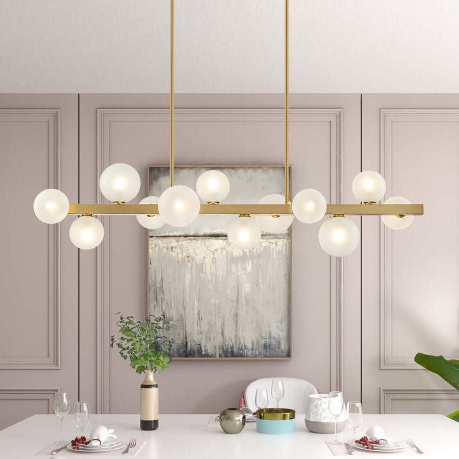 Chandelierias-12-Light Dining Frosted Glass Globes Linear Chandelier-Chandeliers-Brass (Back order & Arrive in 3-4 Weeks)-