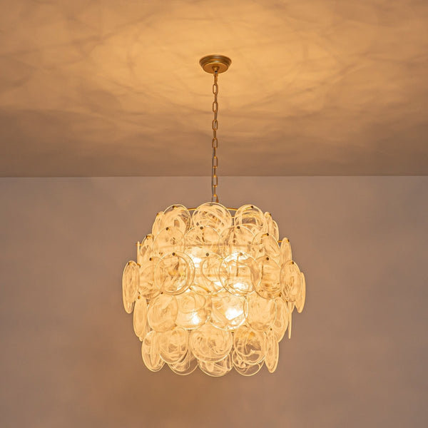 Chandelierias-12-Light Strie Glass Disc Layered Cascade Chandelier-Chandeliers-White Clouds-