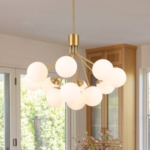 Chandelierias-12-Light Sunburst Frosted Opal Glass Tiered Chandelier-Chandeliers-Brass-
