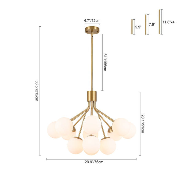 Chandelierias-12-Light Sunburst Frosted Opal Glass Tiered Chandelier-Chandeliers-Brass-