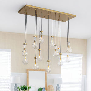 Chandelierias - 13 - Light Raindrop Blown Clear Glass Cluster Pendant Chandelier - Chandeliers - Gold - 