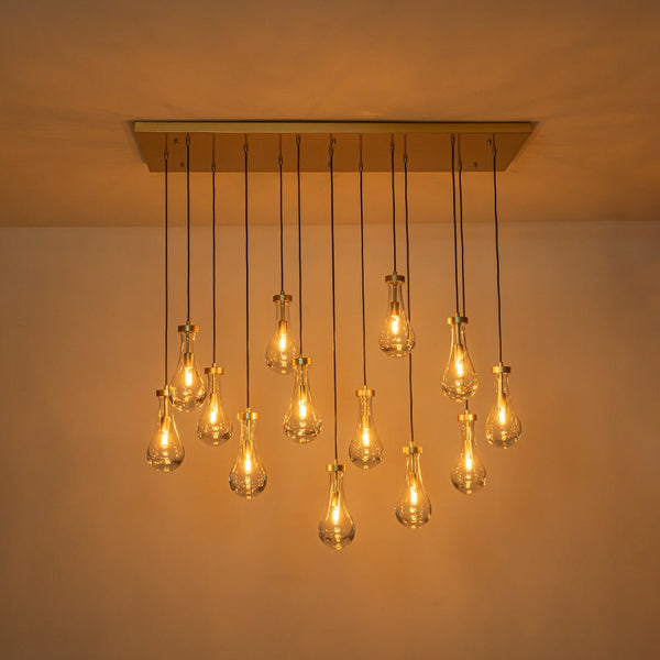 Chandelierias - 13 - Light Raindrop Blown Clear Glass Cluster Pendant Chandelier - Chandeliers - Gold - 