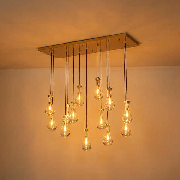 Chandelierias - 13 - Light Raindrop Blown Clear Glass Cluster Pendant Chandelier - Chandeliers - Gold - 