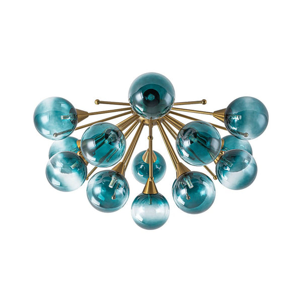 Chandelierias-15-Light Teal Ombre Glass Bubble Sunburst Flush Mount-Semi Flush-Brass-