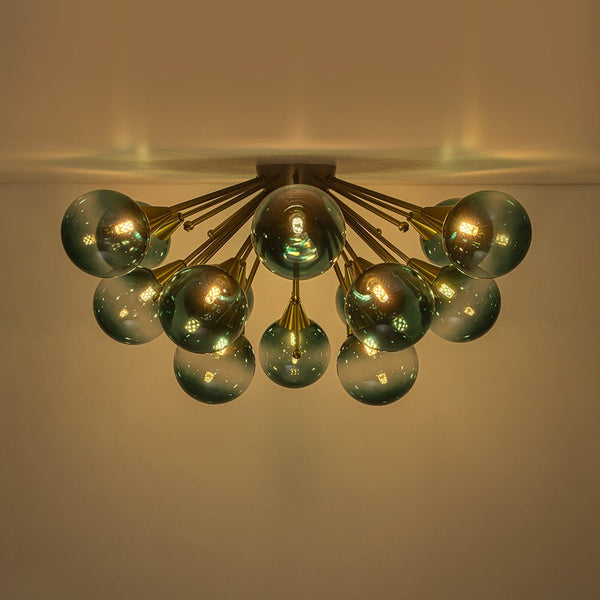 Chandelierias-15-Light Teal Ombre Glass Bubble Sunburst Flush Mount-Semi Flush-Brass-