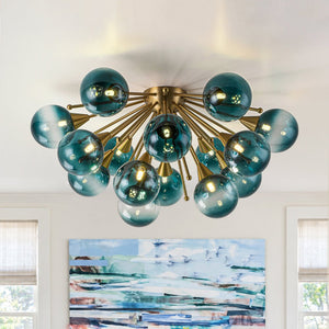 Chandelierias-15-Light Teal Ombre Glass Bubble Sunburst Flush Mount-Semi Flush-Brass-