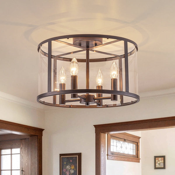 Chandelierias-15.7in. Wide Farmhouse 4-Light Clear Curved Glass Drum Semi-flush Mount-Semi Flush-Oil-rubbed Bronze-