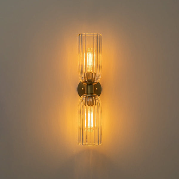 Chandelierias-2-Light Cylinder Tube Ribbed Glass Vanity Light-Wall Light-Brushed Brass-2-Pack