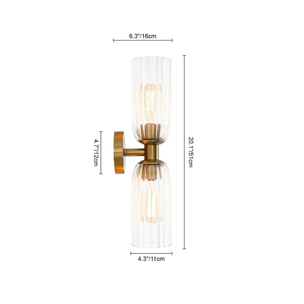 Chandelierias-2-Light Cylinder Tube Ribbed Glass Vanity Light-Wall Light-Brushed Brass-2-Pack