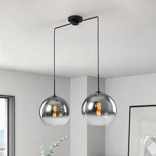 Chandelierias - 2 - Light Hand - blown Smoked Mirror Glass Drop Pendant - Chandeliers - Matte Black - 