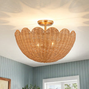 Chandelierias - 2 - Light Scalloped Tulip Woven Basket Semi - Flush Mount - Semi Flush - Brushed Brass - 