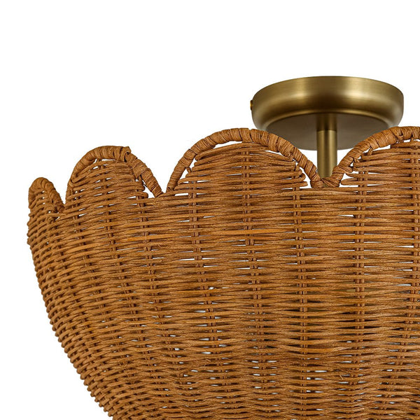 Chandelierias - 2 - Light Scalloped Tulip Woven Basket Semi - Flush Mount - Semi Flush - Brushed Brass - 