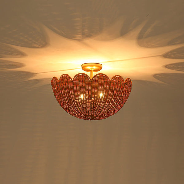 Chandelierias - 2 - Light Scalloped Tulip Woven Basket Semi - Flush Mount - Semi Flush - Brushed Brass - 