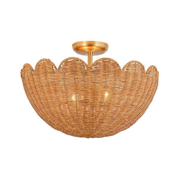 Chandelierias - 2 - Light Scalloped Tulip Woven Basket Semi - Flush Mount - Semi Flush - Brushed Brass - 
