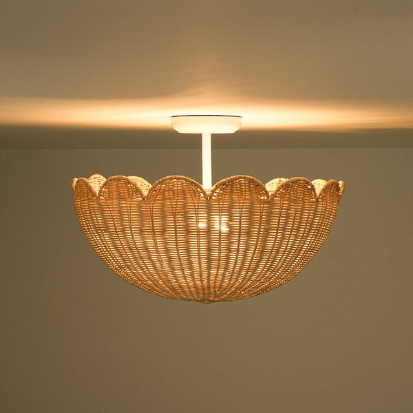 Chandelierias - 2 - Light Scalloped Tulip Woven Basket Semi - Flush Mount - Semi Flush - Brushed Brass (Back - order Late June) - 