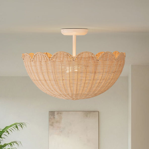 Chandelierias - 2 - Light Scalloped Tulip Woven Basket Semi - Flush Mount - Semi Flush - Matte White - 