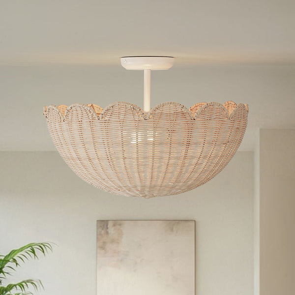 Chandelierias - 2 - Light Scalloped Tulip Woven Basket Semi - Flush Mount - Semi Flush - White - 