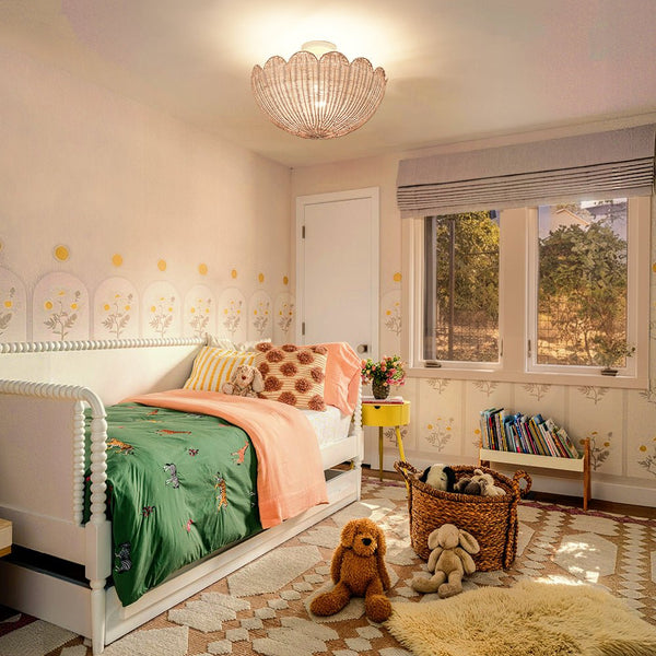 Chandelierias - 2 - Light Scalloped Tulip Woven Basket Semi - Flush Mount - Semi Flush - White - 