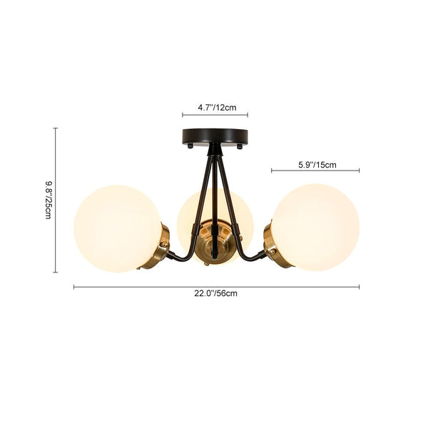 Chandelierias - 3 - Light Black Brass Frosted Glass Semi - flush Mount - Semi Flush - Black & Brass - 