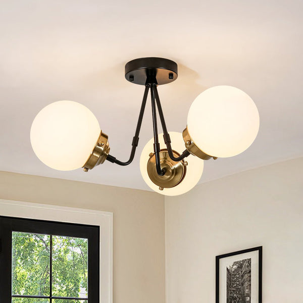 Chandelierias - 3 - Light Black Brass Frosted Glass Semi - flush Mount - Semi Flush - Black & Brass - 