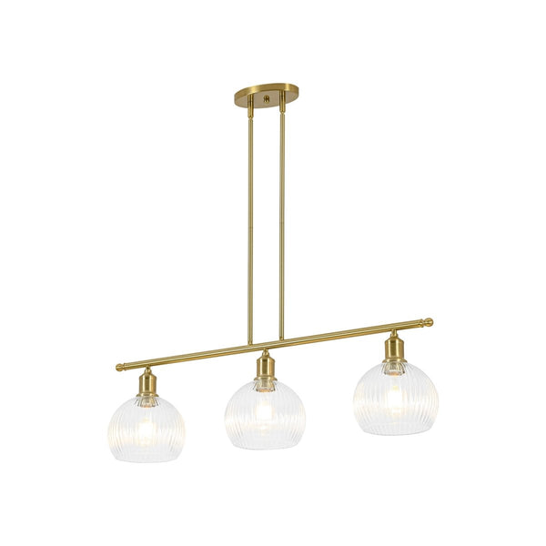 Chandelierias-3-Light Brass Ribbed Glass Globe Island Pendant-Chandeliers-Brass-
