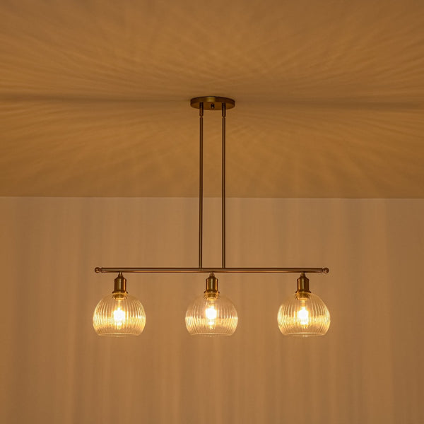Chandelierias-3-Light Brass Ribbed Glass Globe Island Pendant-Chandeliers-Brass-