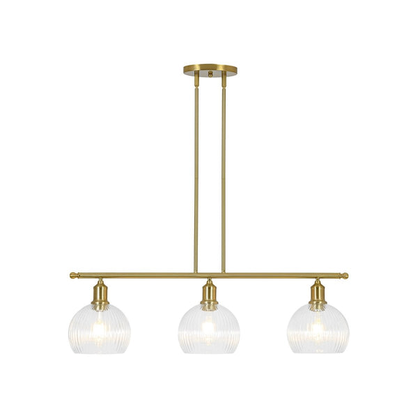 Chandelierias-3-Light Brass Ribbed Glass Globe Island Pendant-Chandeliers-Brass-
