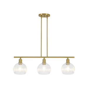 Chandelierias-3-Light Brass Ribbed Glass Globe Island Pendant-Chandeliers-Brass-