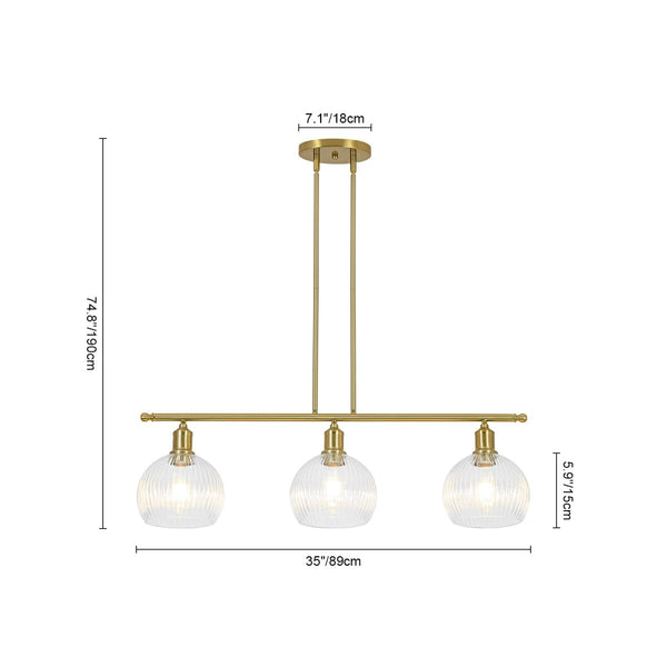 Chandelierias-3-Light Brass Ribbed Glass Globe Island Pendant-Chandeliers-Brass-