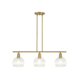 Chandelierias-3-Light Brass Ribbed Glass Globe Island Pendant-Chandeliers-Brass-