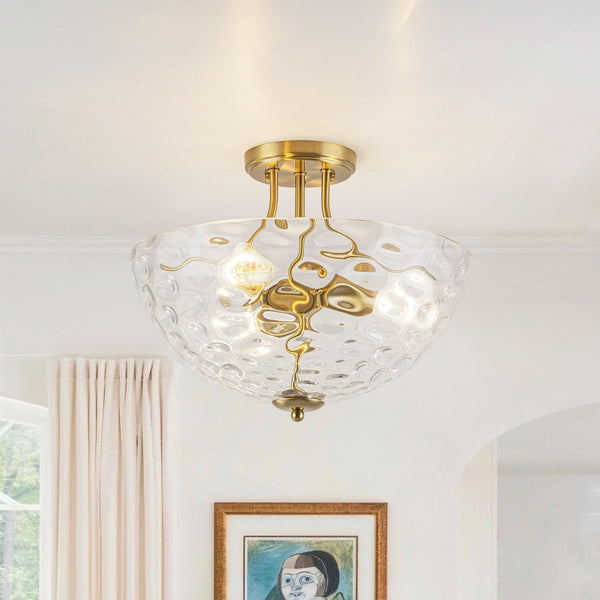 Chandelierias-3-Light Clear Domed Ripple Glass Semi-flush Mount-Semi Flush-Brass-