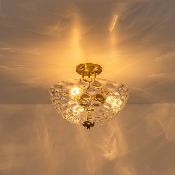 Chandelierias-3-Light Clear Domed Ripple Glass Semi-flush Mount-Semi Flush-Brass-