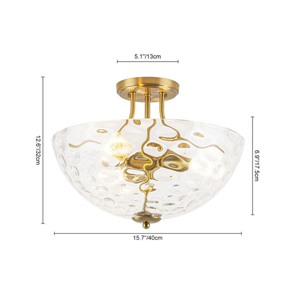 Chandelierias-3-Light Clear Domed Ripple Glass Semi-flush Mount-Semi Flush-Brass-