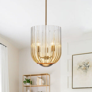 Chandelierias - 3 - Light Half Elongated Oval Gradient Fluted Glass Pendant - Pendant - Brass - 