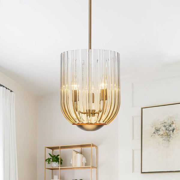 Chandelierias - 3 - Light Half Elongated Oval Gradient Fluted Glass Pendant - Pendant - Brass - 