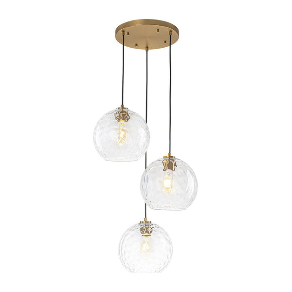 Chandelierias - 3 - Light Hand - hammered Glass Orbs Cluster Pendant - Chandeliers - Brass - 