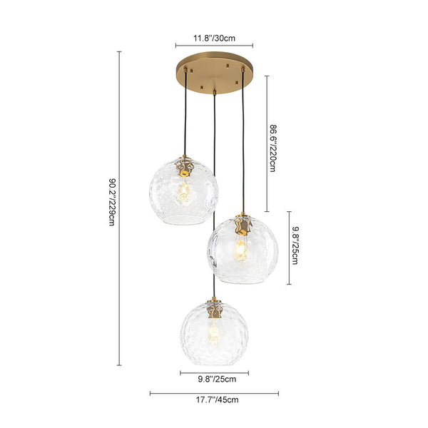 Chandelierias - 3 - Light Hand - hammered Glass Orbs Cluster Pendant - Chandeliers - Brass - 