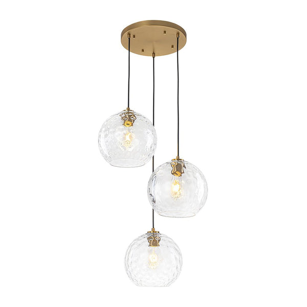 Chandelierias - 3 - Light Hand - hammered Glass Orbs Cluster Pendant - Chandeliers - Brass - 