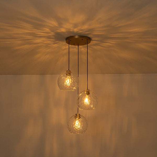 Chandelierias - 3 - Light Hand - hammered Glass Orbs Cluster Pendant - Chandeliers - Brass - 