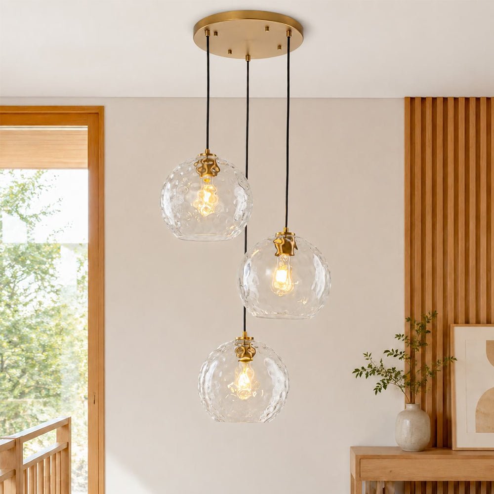 Chandelierias - 3 - Light Hand - hammered Glass Orbs Cluster Pendant - Chandeliers - Brass - 